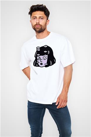 Halloween Baskılı Beyaz Unisex Oversize Tişört - Tshirt