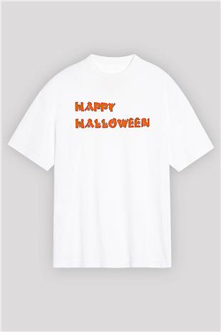 Halloween Baskılı Beyaz Unisex Oversize Tişört - Tshirt
