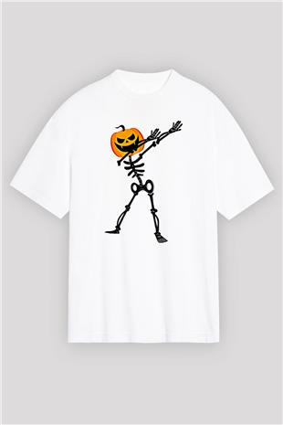 Halloween Baskılı Beyaz Unisex Oversize Tişört - Tshirt