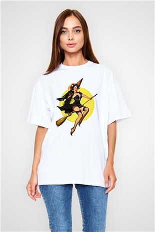 Halloween Baskılı Beyaz Unisex Oversize Tişört - Tshirt