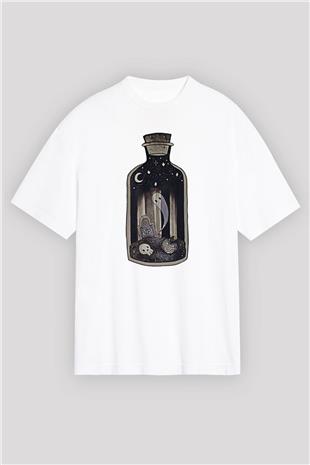 Halloween Baskılı Beyaz Unisex Oversize Tişört - Tshirt