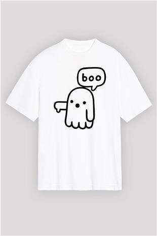 Halloween Baskılı Beyaz Unisex Oversize Tişört - Tshirt