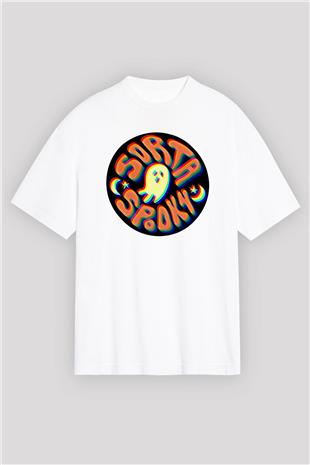 Halloween Baskılı Beyaz Unisex Oversize Tişört - Tshirt
