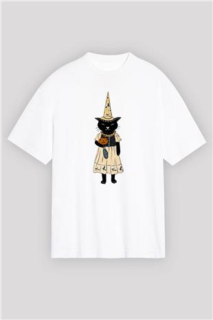 Halloween Baskılı Beyaz Unisex Oversize Tişört - Tshirt