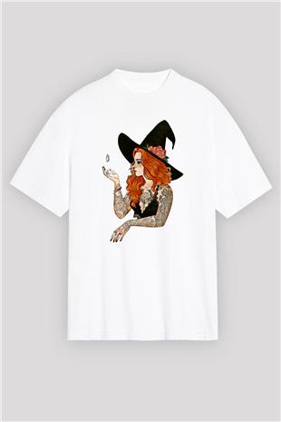 Halloween Baskılı Beyaz Unisex Oversize Tişört - Tshirt
