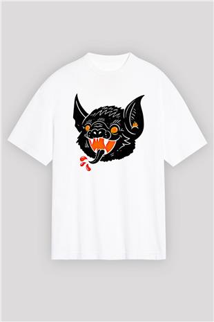 Halloween Baskılı Beyaz Unisex Oversize Tişört - Tshirt