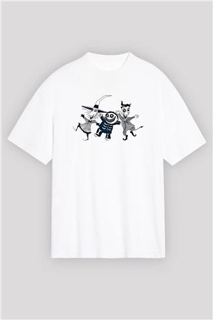 Halloween Baskılı Beyaz Unisex Oversize Tişört - Tshirt