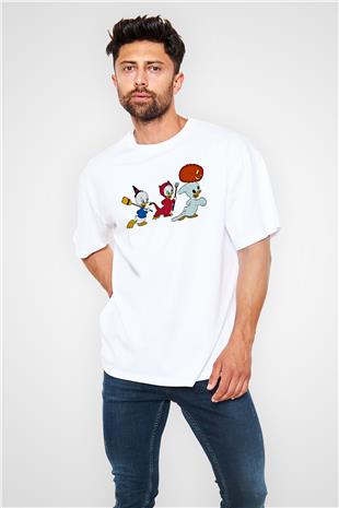 Halloween Baskılı Beyaz Unisex Oversize Tişört - Tshirt