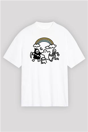 Halloween Baskılı Beyaz Unisex Oversize Tişört - Tshirt
