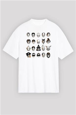 Halloween Baskılı Beyaz Unisex Oversize Tişört - Tshirt