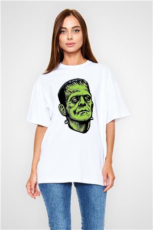 Halloween Baskılı Beyaz Unisex Oversize Tişört - Tshirt