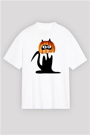 Halloween Baskılı Beyaz Unisex Oversize Tişört - Tshirt