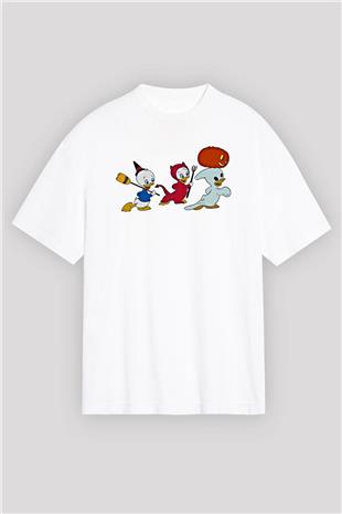 Halloween Baskılı Beyaz Unisex Oversize Tişört - Tshirt