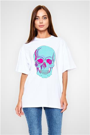 Halloween Baskılı Beyaz Unisex Oversize Tişört - Tshirt