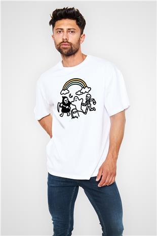 Halloween Baskılı Beyaz Unisex Oversize Tişört - Tshirt