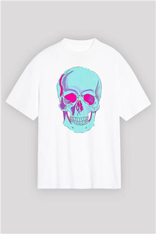 Halloween Baskılı Beyaz Unisex Oversize Tişört - Tshirt