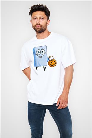 Halloween Baskılı Beyaz Unisex Oversize Tişört - Tshirt