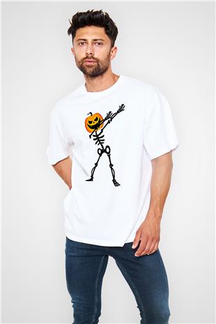 Halloween Baskılı Beyaz Unisex Oversize Tişört - Tshirt