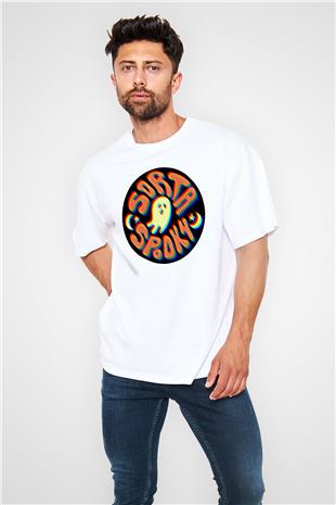 Halloween Baskılı Beyaz Unisex Oversize Tişört - Tshirt