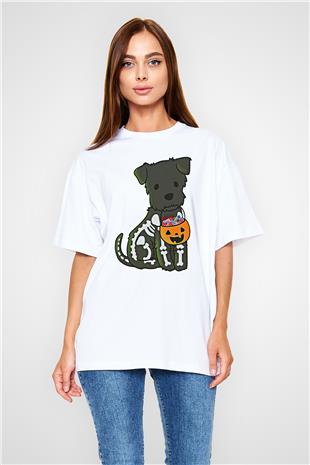 Halloween Baskılı Beyaz Unisex Oversize Tişört - Tshirt