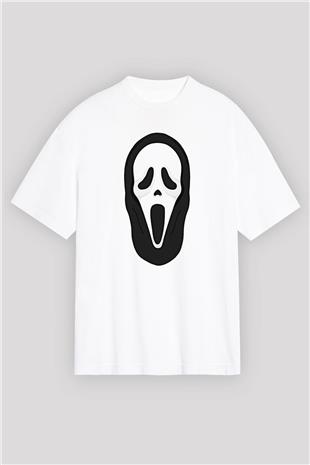 Halloween Baskılı Beyaz Unisex Oversize Tişört - Tshirt