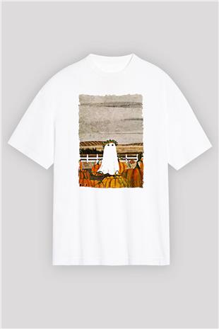 Halloween Baskılı Beyaz Unisex Oversize Tişört - Tshirt
