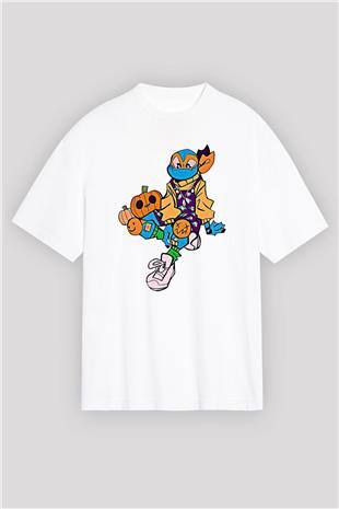 Halloween Baskılı Beyaz Unisex Oversize Tişört - Tshirt