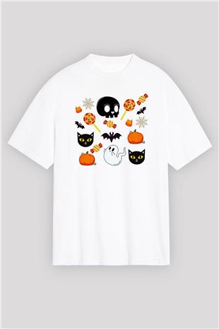 Halloween Baskılı Beyaz Unisex Oversize Tişört - Tshirt
