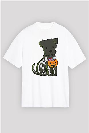 Halloween Baskılı Beyaz Unisex Oversize Tişört - Tshirt
