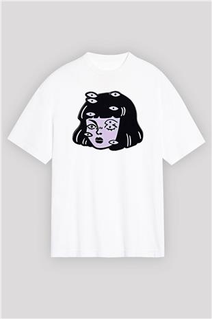 Halloween Baskılı Beyaz Unisex Oversize Tişört - Tshirt