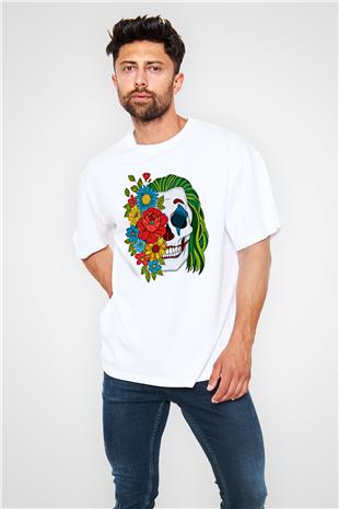 Halloween Baskılı Beyaz Unisex Oversize Tişört - Tshirt