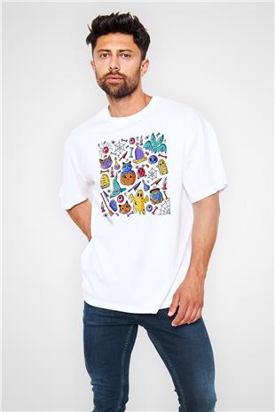 Halloween Baskılı Beyaz Unisex Oversize Tişört - Tshirt
