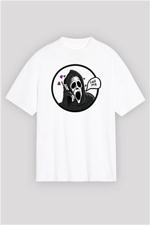 Halloween Baskılı Beyaz Unisex Oversize Tişört - Tshirt