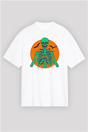 Halloween Baskılı Beyaz Unisex Oversize Tişört - Tshirt