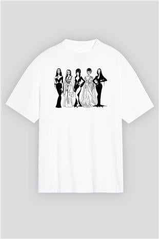 Halloween Baskılı Beyaz Unisex Oversize Tişört - Tshirt