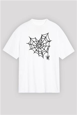Halloween Baskılı Beyaz Unisex Oversize Tişört - Tshirt