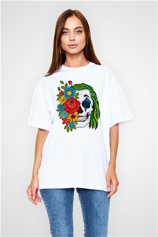 Halloween Baskılı Beyaz Unisex Oversize Tişört - Tshirt
