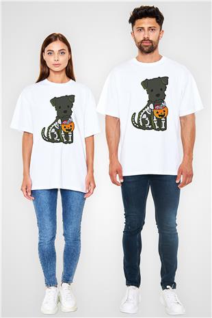 Halloween Baskılı Beyaz Unisex Oversize Tişört - Tshirt