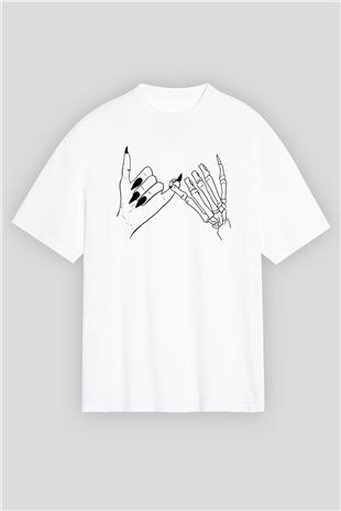 Halloween Baskılı Beyaz Unisex Oversize Tişört - Tshirt