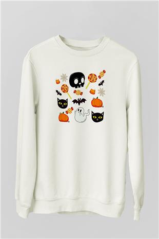 Halloween Baskılı Beyaz Unisex Sweatshirt