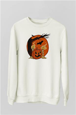Halloween Baskılı Beyaz Unisex Sweatshirt