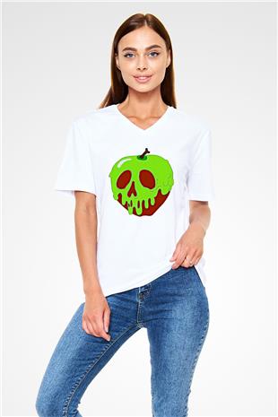 Halloween Baskılı Beyaz Unisex V Yaka Tişört - Tshirt