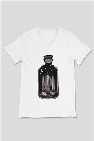 Halloween Baskılı Beyaz Unisex V Yaka Tişört - Tshirt