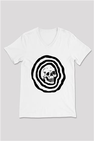 Halloween Baskılı Beyaz Unisex V Yaka Tişört - Tshirt