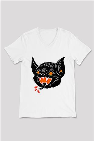 Halloween Baskılı Beyaz Unisex V Yaka Tişört - Tshirt