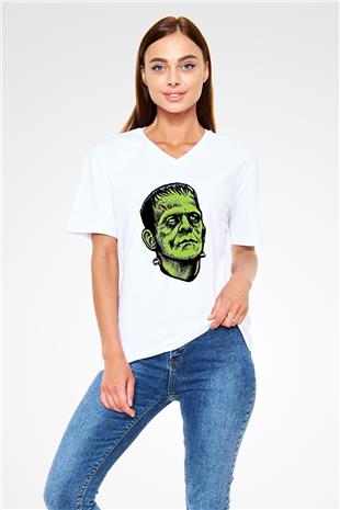Halloween Baskılı Beyaz Unisex V Yaka Tişört - Tshirt