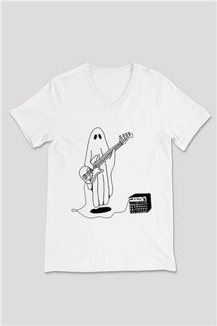 Halloween Baskılı Beyaz Unisex V Yaka Tişört - Tshirt