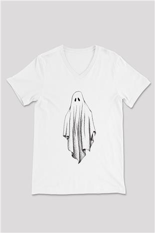 Halloween Baskılı Beyaz Unisex V Yaka Tişört - Tshirt