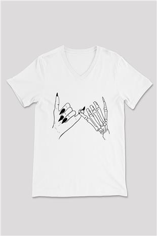 Halloween Baskılı Beyaz Unisex V Yaka Tişört - Tshirt