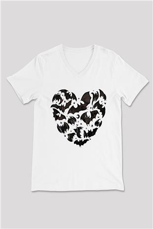 Halloween Baskılı Beyaz Unisex V Yaka Tişört - Tshirt